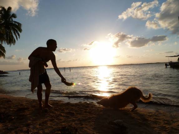 Brincando com o cachorro do Chris em praia de Tobacco Caye, na grande barreira de corais de Belize
